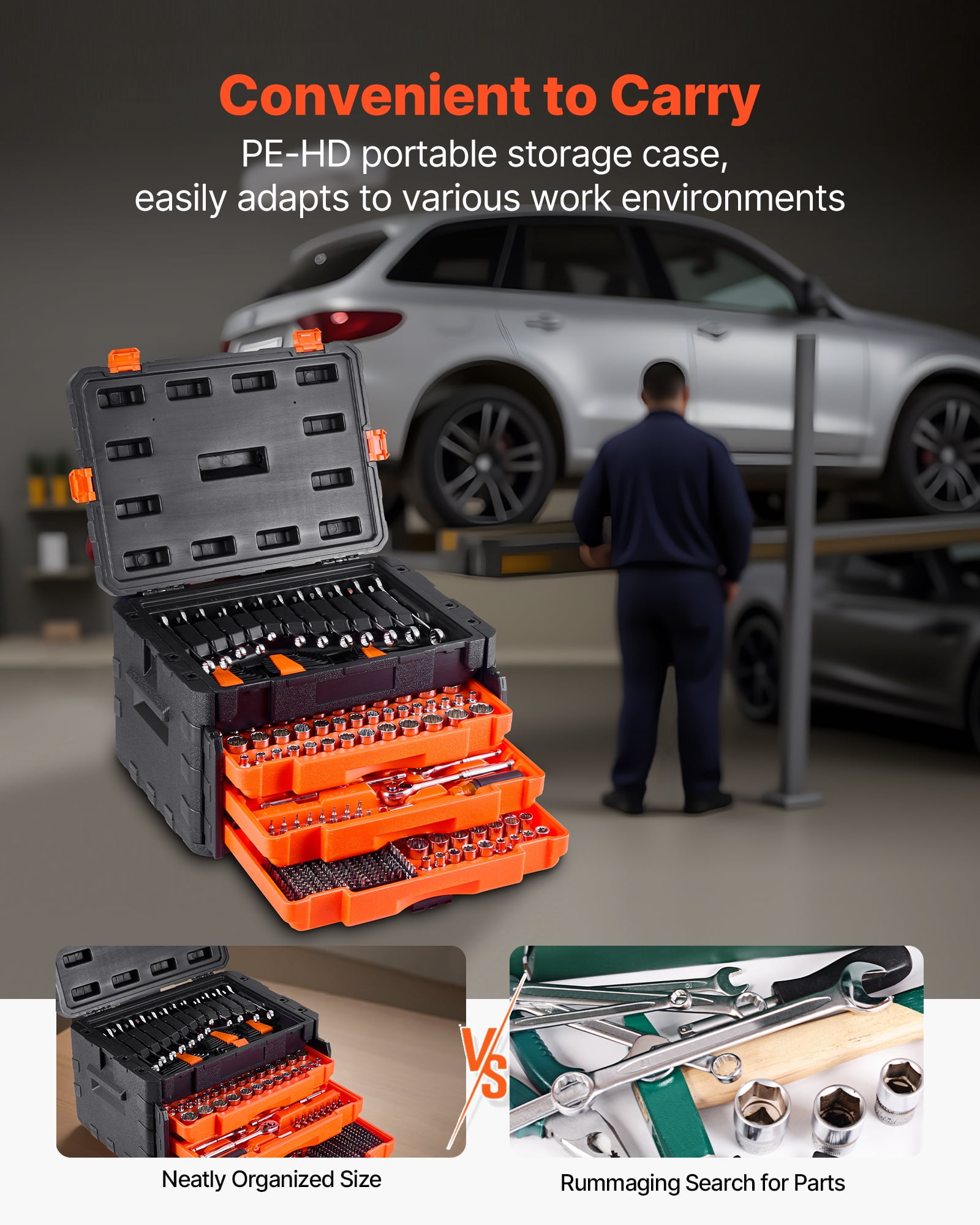 VEVOR Mechanics Tool Set and Socket Set,450 Pcs, 1/4, 3/8 and 1/2 inch Drive Deep and Standard Sockets, SAE Metric Mechanic Tool Kit with Bits, Wrenches, Accessories, Storage Case with Orange Drawer