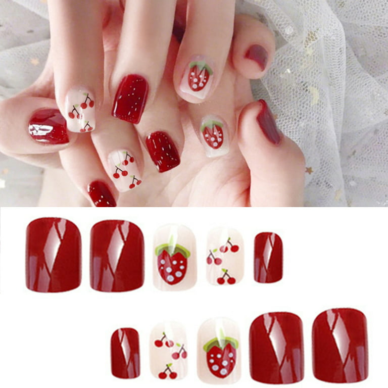 Stamens Nail Art Nails,Set Of 24 Press On Nail Piece Red Strawberry &  Cherry Motif Short Jelly Acrylic Nails With Glue For Manicure Nail Salon -  Walmart.Com