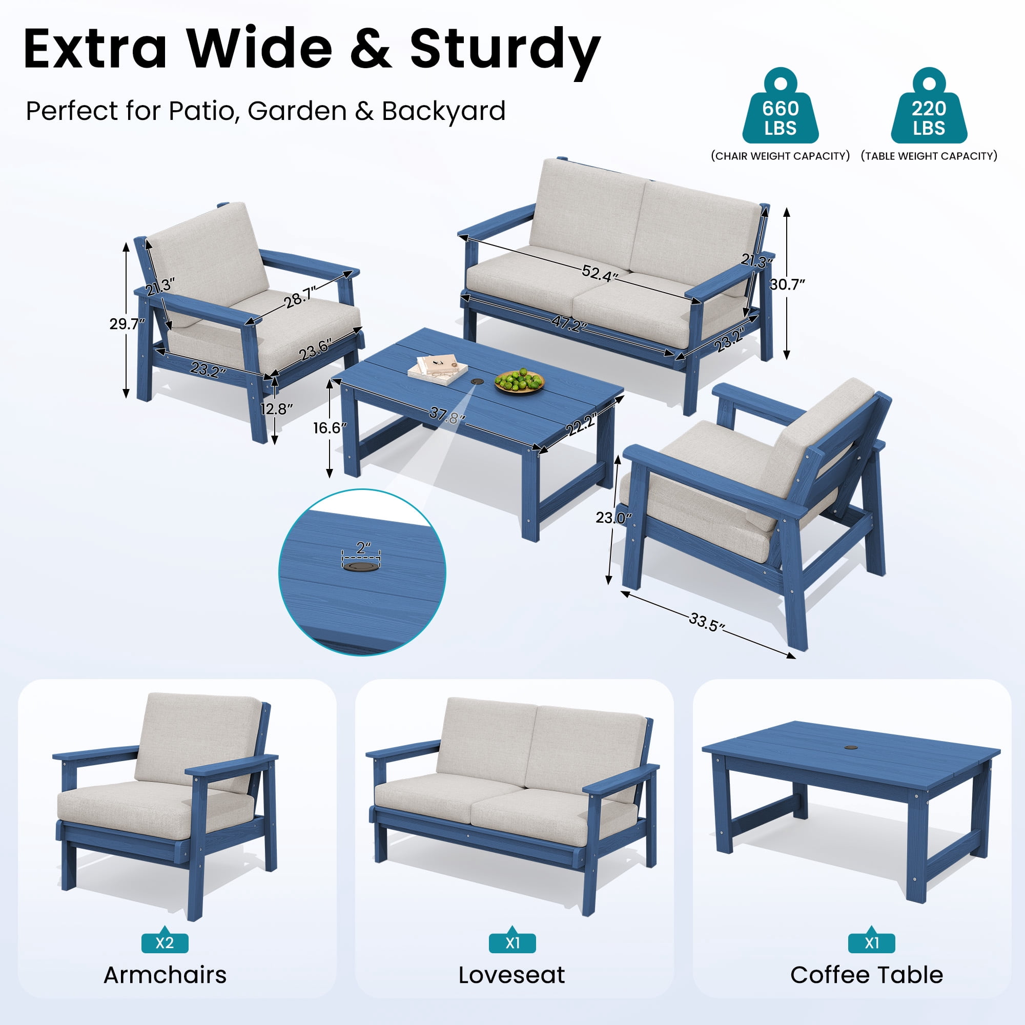 SERWALL 5 Pieces Outdoor HDPE Patio Furniture Sets, Conversation Sets with Cushions, 2 Armchairs & 1 Loveseat & 1 Coffee Table for Poolside, Balcony, Porch & Backyard, Blue / Khaki