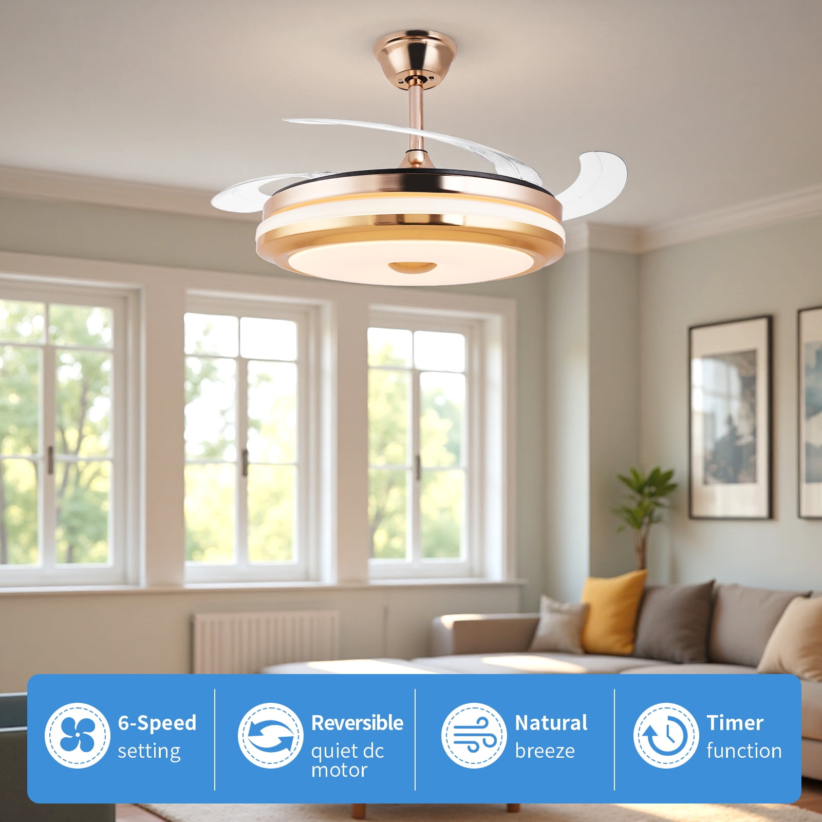 Smart Retractable Ceiling Fan with Light, 42 Inch Fandelier Remote Control, 3 Color Temperature Dimmable LED, 6 Speed Quiet Reversible DC Motor for Bedroom Living Room Kitchen