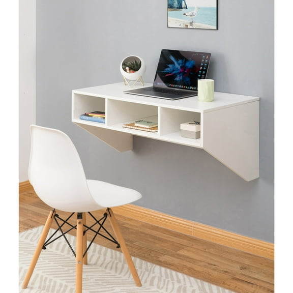 Basicwise Wall-Mounted Computer Desk with Storage Shelves Floating Laptop Table for Home Office or Study Room Foldable Workstation with Compartments for Books Office Supplies and Decor, White Finish