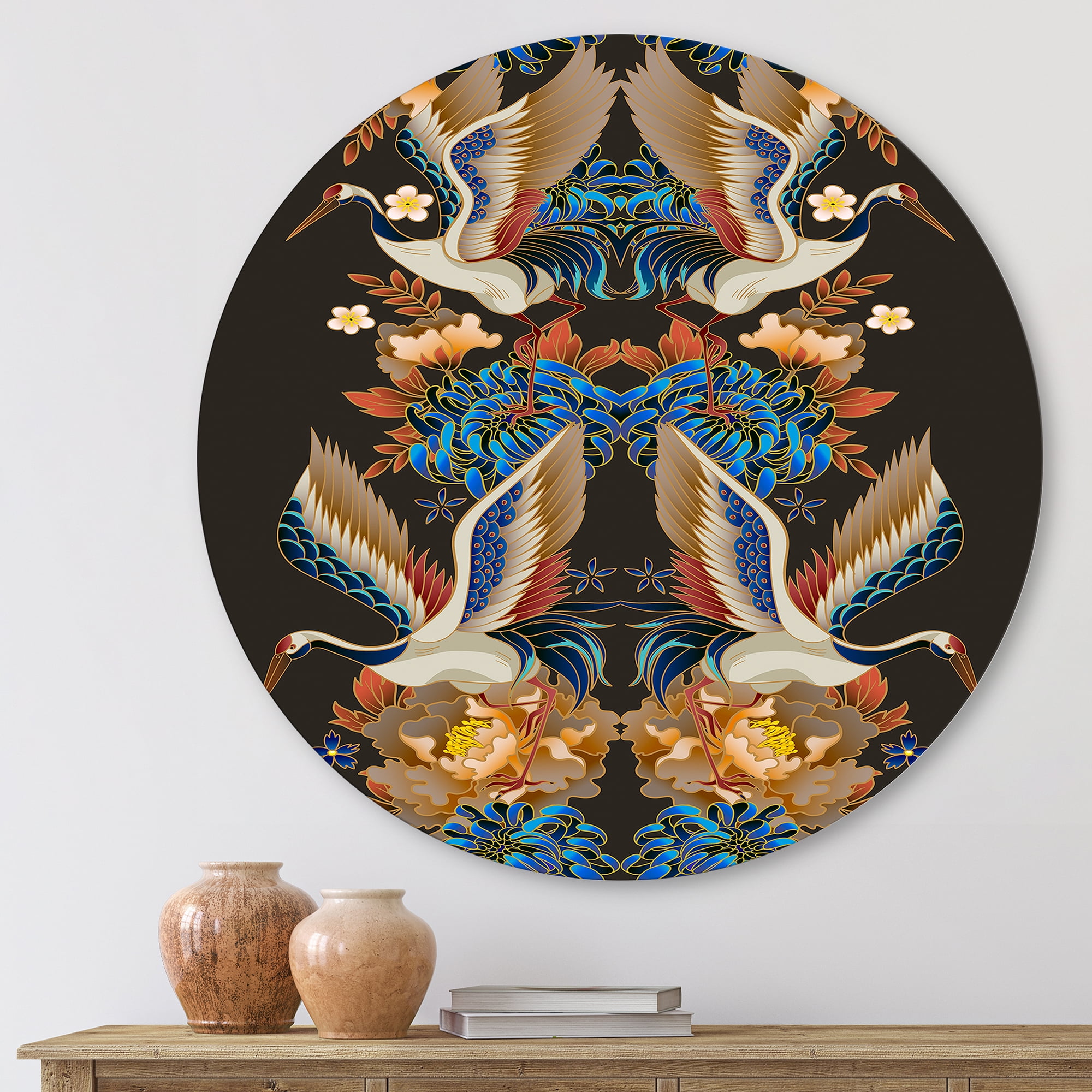 Designart 'Chinoiserie With Peonies and Birds IX' Traditional Circle Metal Wall Art 23x23 - Disc of 23