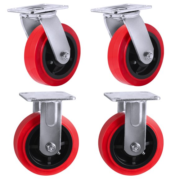 SY America 5" 4 Pack Plate Caster, Polyolefin/Polyurethane Wheel, Top Plate Caster Extra Width 2 inches, 3000 lbs Total Capacity (5 inches Pack of 4, Red/Black, 2 Swivel + 2 Rigid)