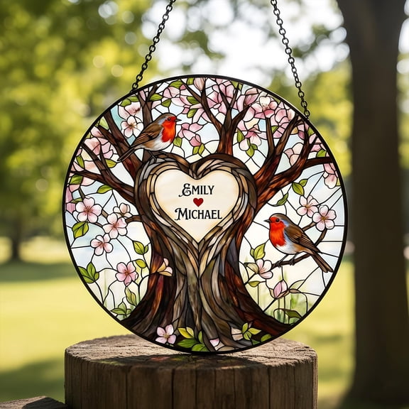 Personalized Tree of Life Love Birds Stained Glass Art Panel | Handmade Stained Glass | Heart Silhouette | Custom Name Decor | Couple Gift | Wedding Anniversary Present | Window Wall Home Decor