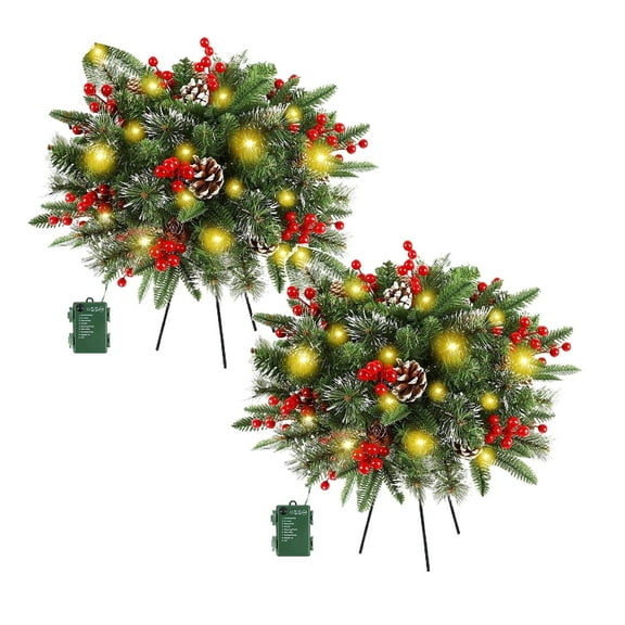 2 Pack Pre-lit Christmas Tree Urn Filler, Lighted Artificial Xmas Pine Trees with Tripod Stake, 8 Modes & Timer, Battery Powered Outdoor Light Up Planter Filler Festival Holiday Decor