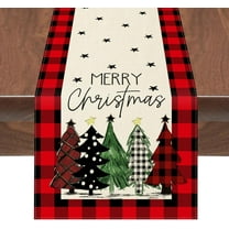 Winter Christmas Table Runner Watercolor Red and Black Buffalo Plaid Christmas Trees Merry Xmas Runner, Seasonal Winter Holiday Kitchen Dining Table Decoration for Indoor Outdoor Home Party 13 x 90 in
