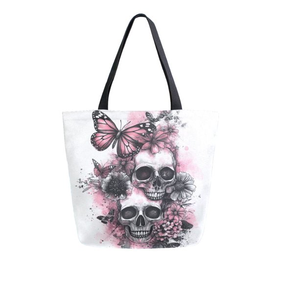 Durable Canvas Tote Bag with Zip Pocket Bags for Woman Shoulder Versatile Carryall for Everyday Use Two Skulls and Butterflies