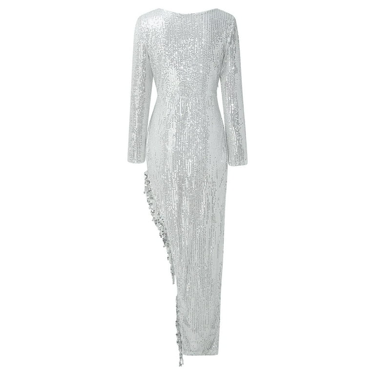 Asymmetrical Neckline Side Slit Long Sleeve Party Dresss Asymmetrical Neckline Side Slit Long Sleeve Party Dresss