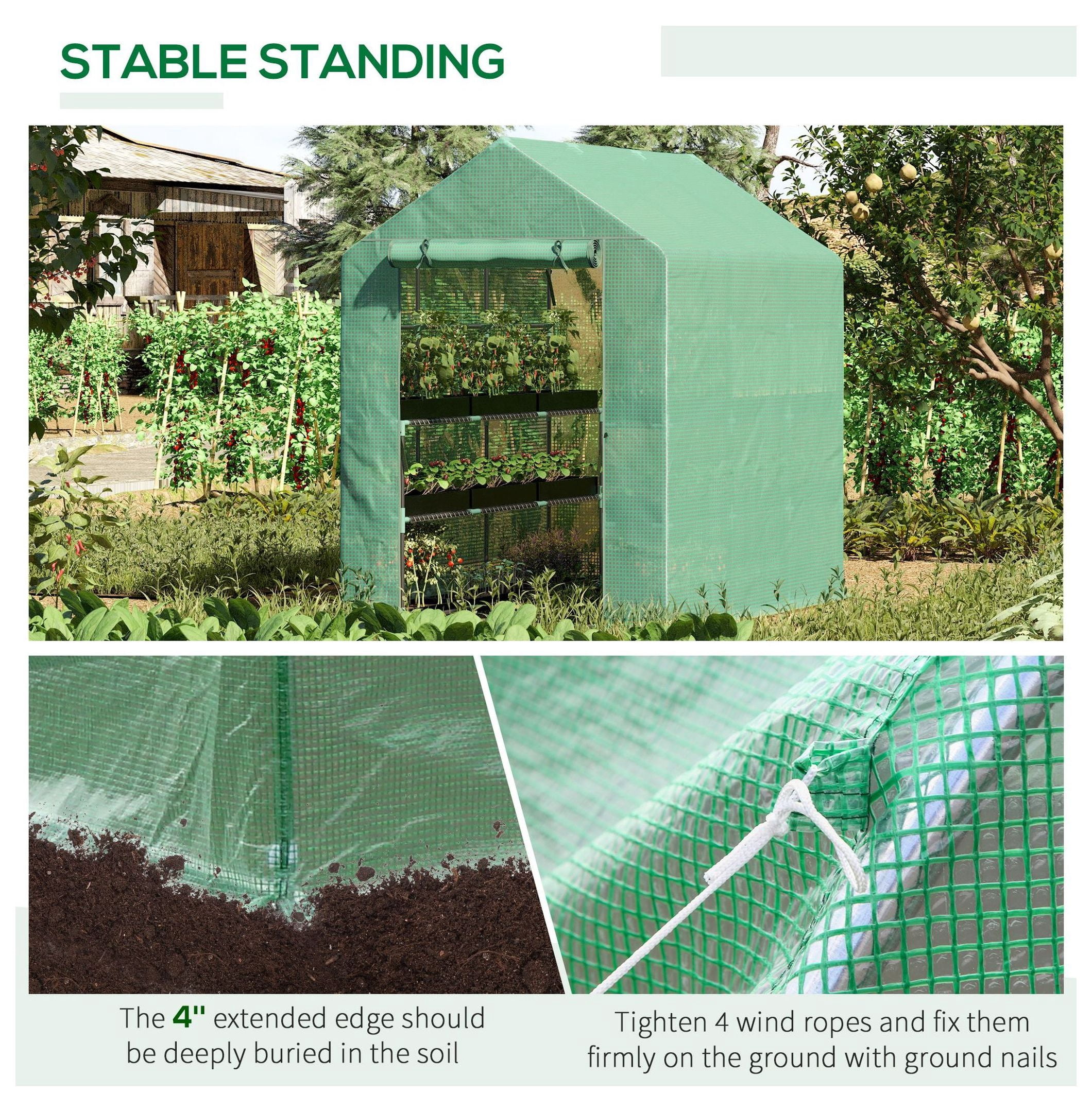 Walk-In Greenhouse 7x5x6 ft - Portable Plant Grow House with Shelves - Green PE Cover Steel Frame - Vegetable Herb Flower Garden Hothouse