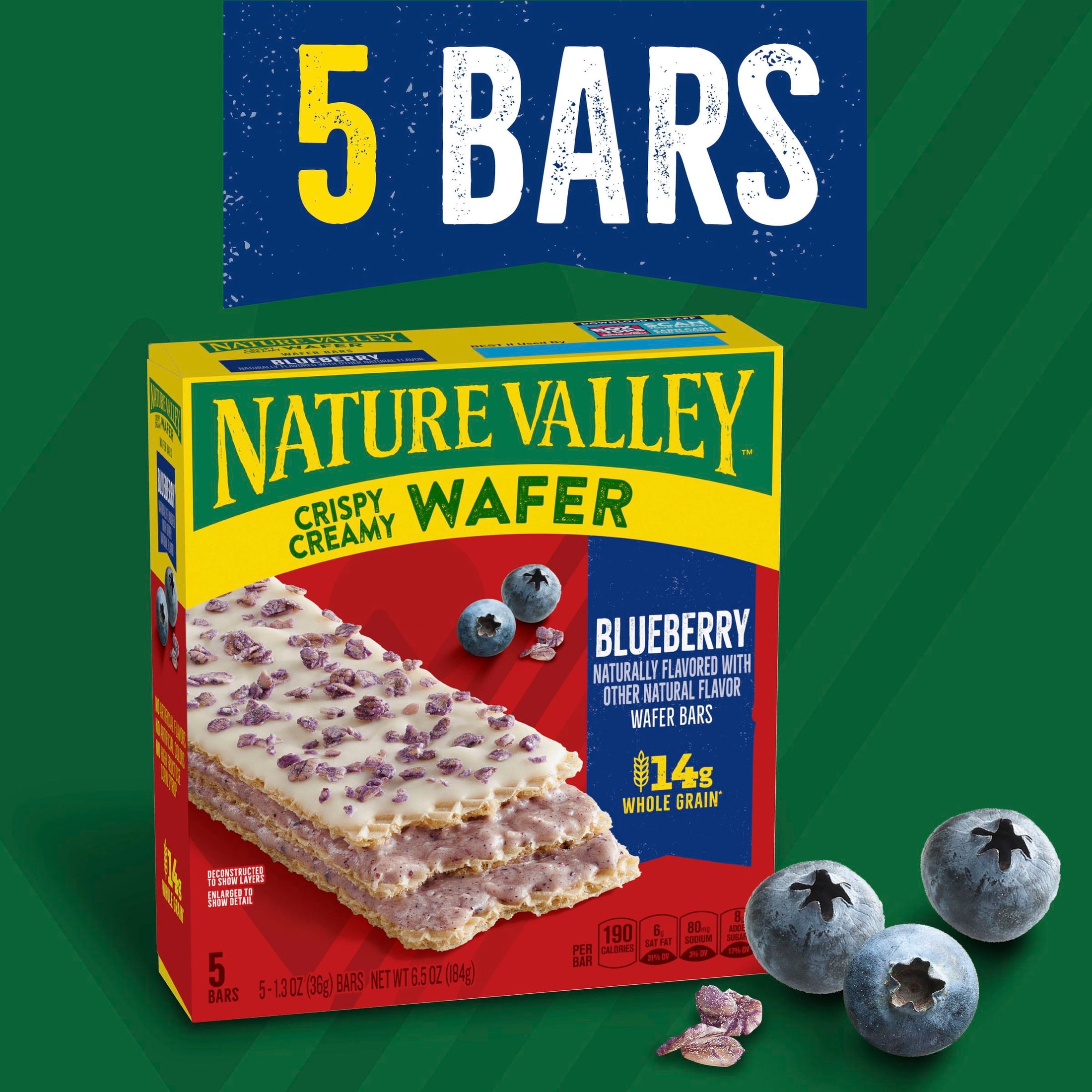 (6 pack) Nature Valley Crispy Creamy Wafer Bars, Blueberry, Whole Grain, 5 Bars, 6.5 oz