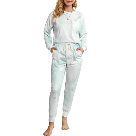 

Sidefeel Women Pajamas Set Fashion Colorblock Tie Dye Long Loungewear Set Long Sleeve Tops Drawstring Pants Homewear Light Blue XL 16-18