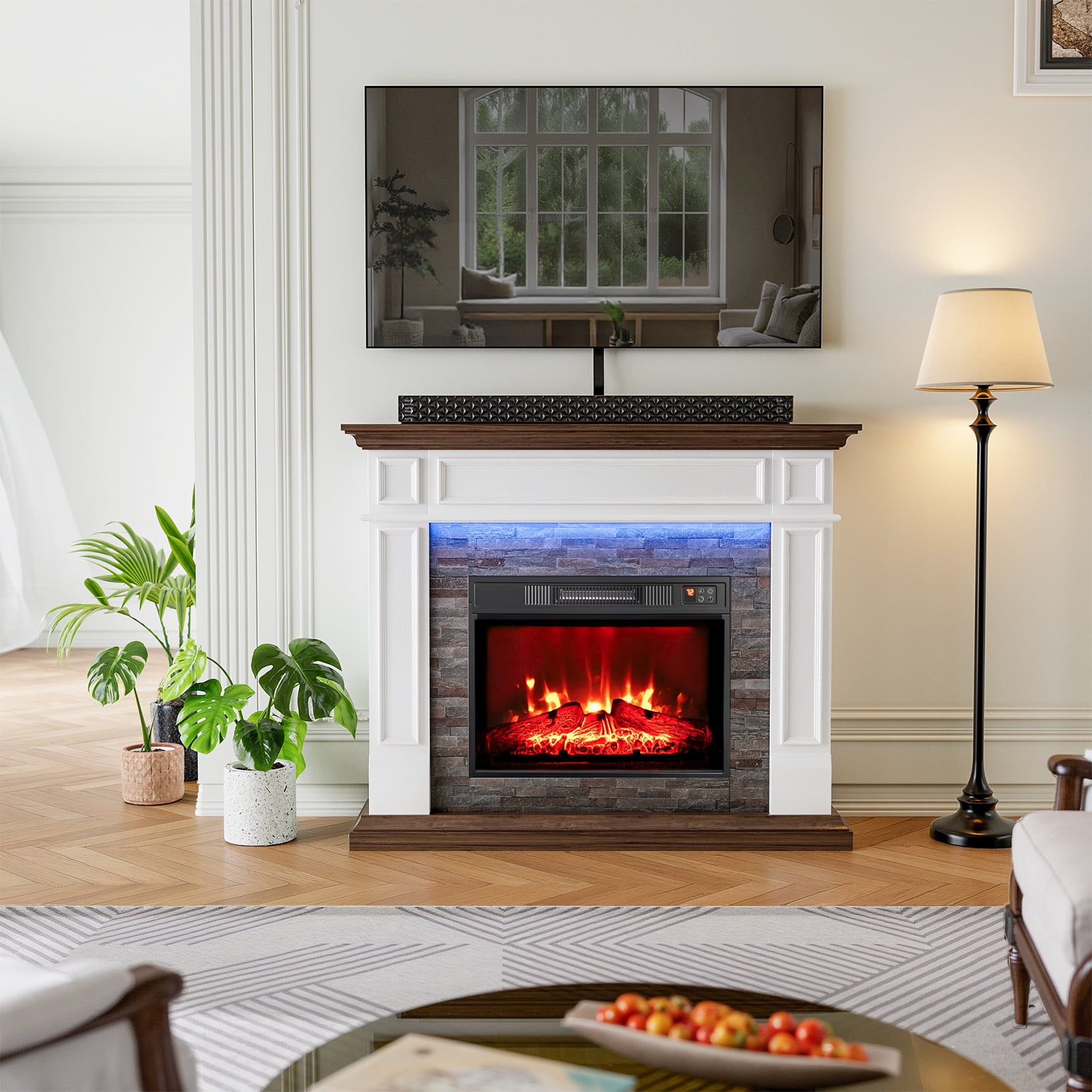 Holliwill Electric Fireplace Mantel, 44" Freestanding Fireplace Heater with LED Lights, Infrared Quartz Heater, 1400W, White & Brown