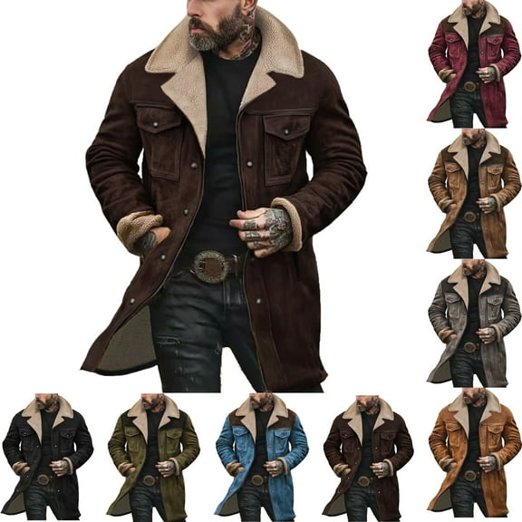 Zimjoy Mens Suede Jacket Western Regular Fit Double Breasted Trench Coats Windproof Lapel Collar Wool-Blend Brown Peacoats Casual Long Trench Coats Thermal Winter Jackets, Coffee L