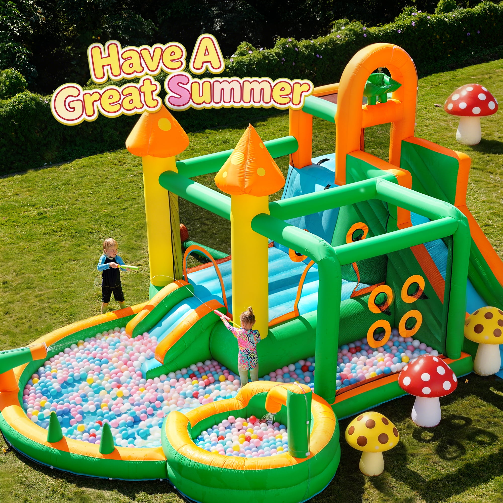 Giant 10 in 1 Inflatable Water Slide with Extended Water Slide, 342"x103"x193" Bounce House with 650 Blower, Ball Shooting, Ring Toss, Deep Pool, Water Bucket, for Kids 3-10