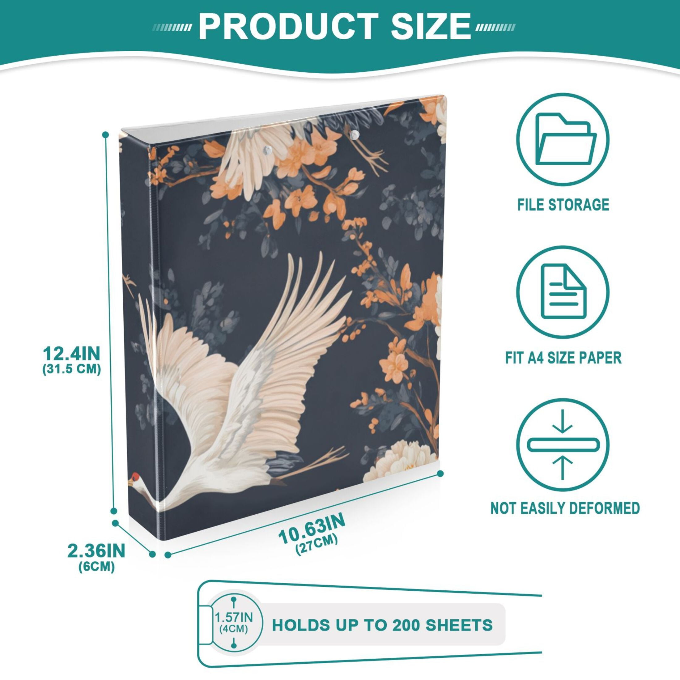 White Cranes 3 Ring Binders 1.5 inch Hardcover File Folders with Interior Pockets A4 Size Organizer for School Office Hospital