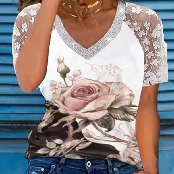 Blusas elegantes para mujer, pantalones cortos con cuello en V y encaje de lentejuelas, camiseta de manga, ropa informal para mujer FLhrweasw Nuevo