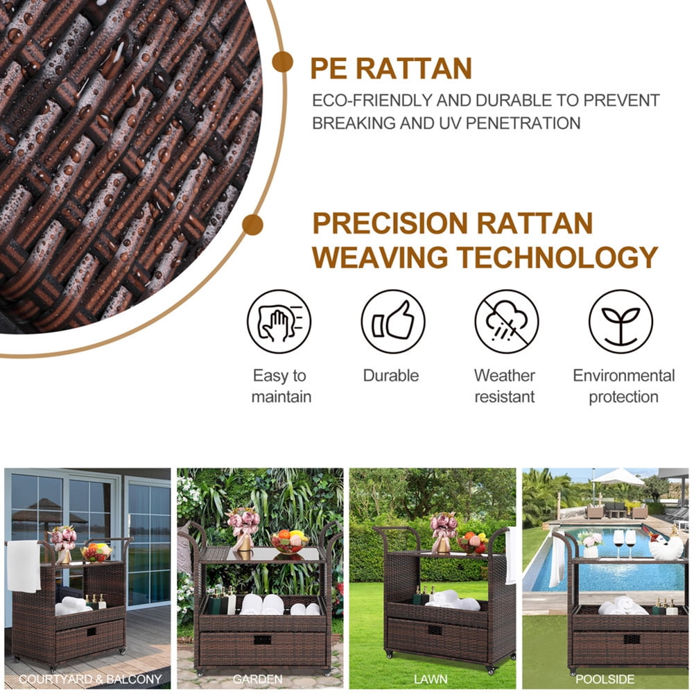 Outdoor Rolling Wicker Bar Cart Sideboard On Wheels with Ice Bucket and Storage Compartments Brown Outdoor Rolling Wicker Bar Cart Sideboard On Wheels with Ice Bucket and Storage Compartments Brown