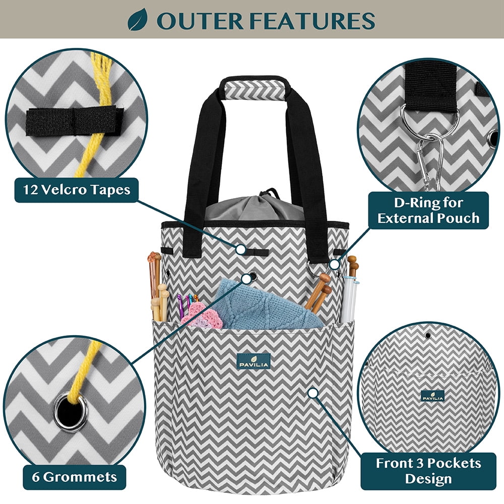 PAVILIA Knitting Bag Crochet Organizer Bag, Yarn Storage Tote, Knitting Accessories Supplies, Yarn Holder For Knitting With Grommets, Needles Hooks Essentials, Crochet Project Case (Chevron Gray)