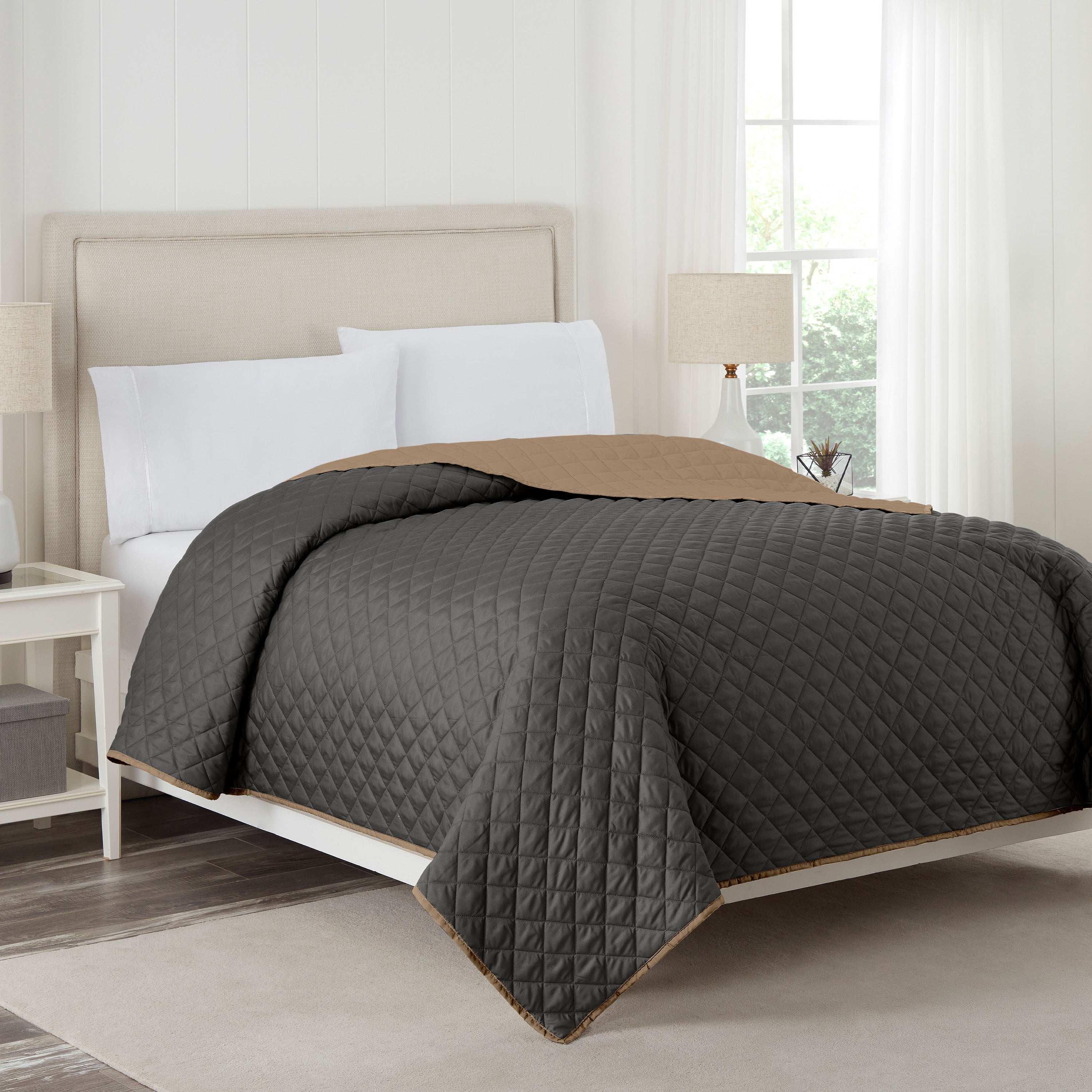 Martex Full/Queen Reversible Coverlet | Lightweight Soft Easy Care Quilt | Graphite/Khaki