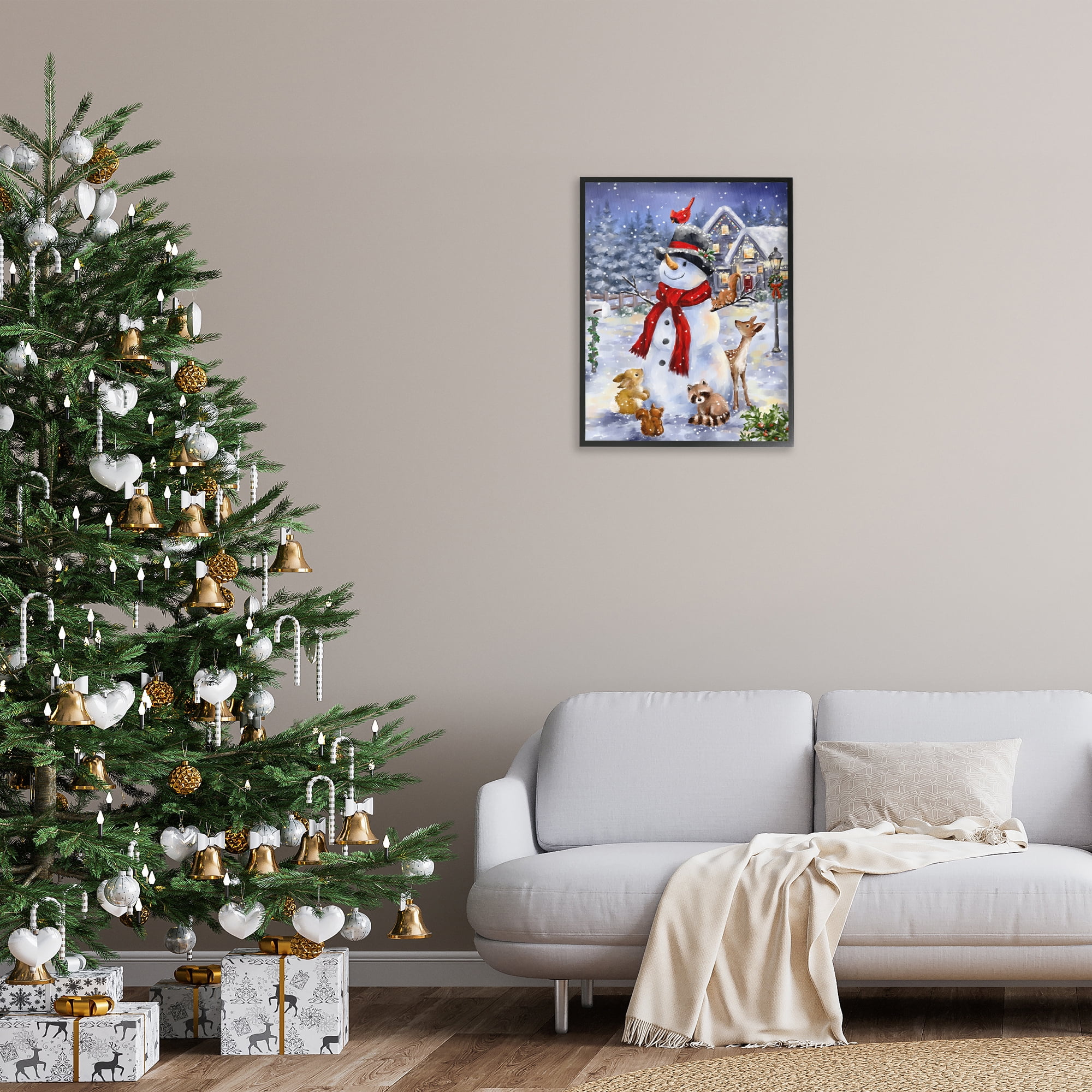 Stupell Industries Snowman & Forest Animals Holiday Painting Black Framed Art Print Wall Art, 24 x 30