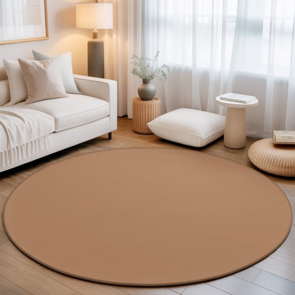 Camel Round Living Room Rugs 5 ft, Light Brown Solid Background Autumnal Rustic Farmhouse Washable Area Rug with Non-Slip Sturdy Edge Binding Round Carpet for Entryway Kitchen Bedroom Bathroom