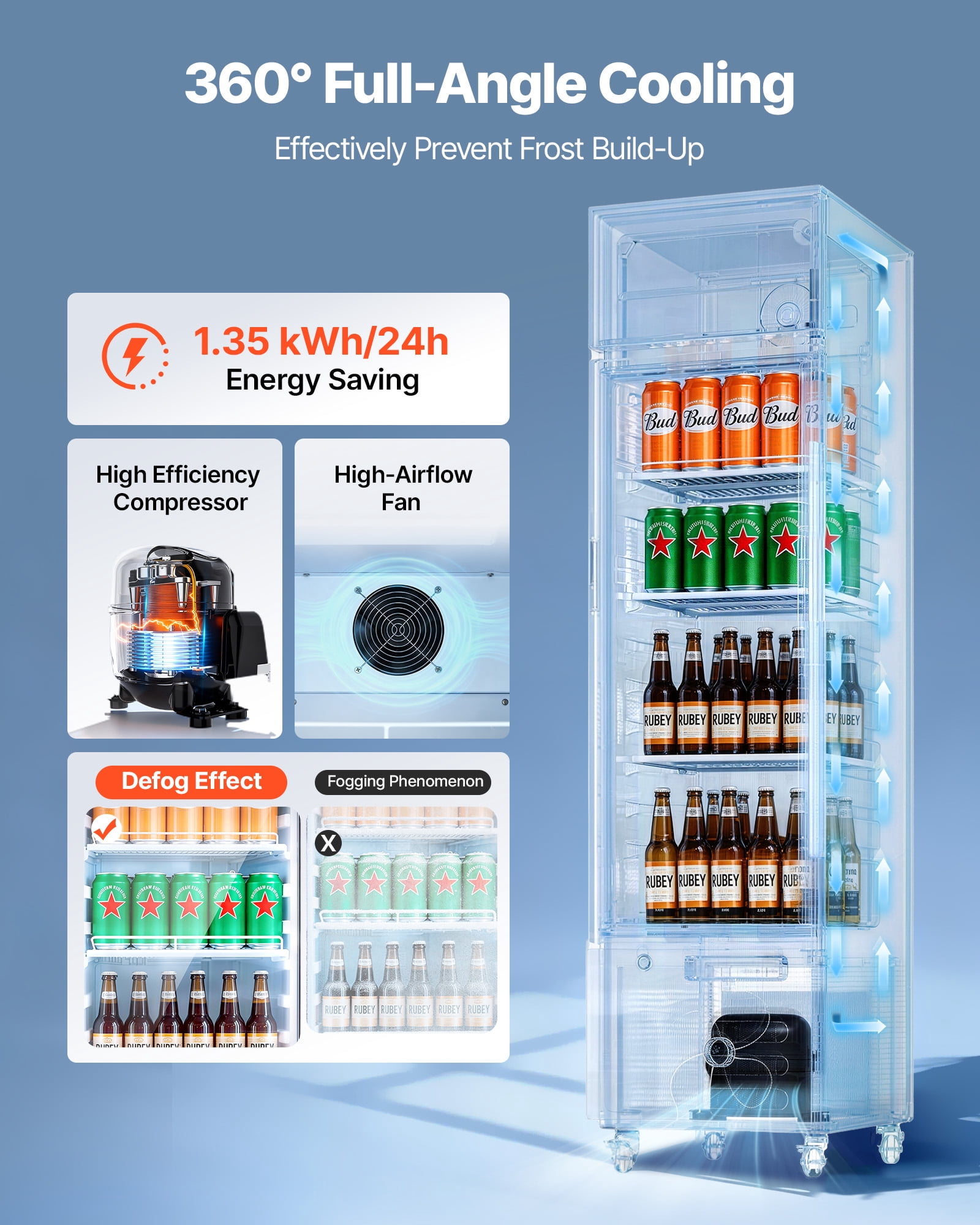 VEVOR Commercial Merchandiser Refrigerator, 6.1 Cu.Ft / 173 L Glass Door Display Refrigerator, Upright Beverage Cooler with Customizable Lightbox,3 Adjustable Shelves & Soft LED Light for Homes Shops