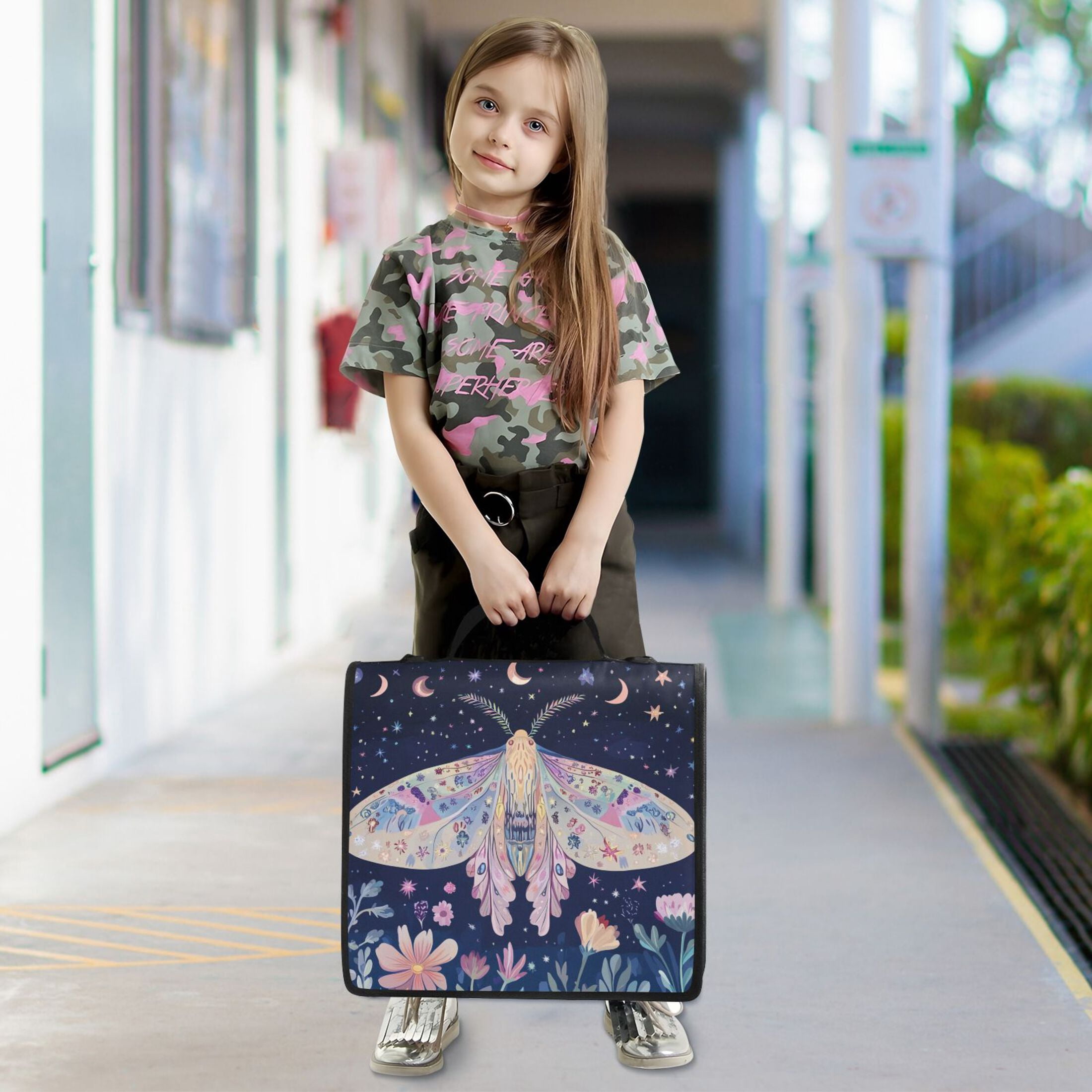 3 Ring Zipper Binder with Shoulder Strap Waterproof Trapper Keeper 2 Inch D-Ring 500 Sheets Capacity Moth Moon Flower