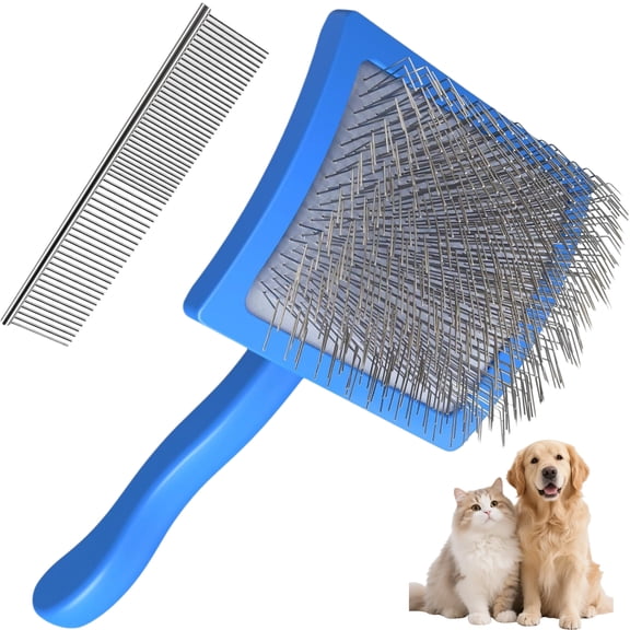 2PCS Dog Slicker Brush & Steel Comb Grooming Kit – Professional Pet Detangling Tool for Goldendoodles, Poodles, Labradoodles – Extra Long Pin Undercoat Removal Brush, Blue
