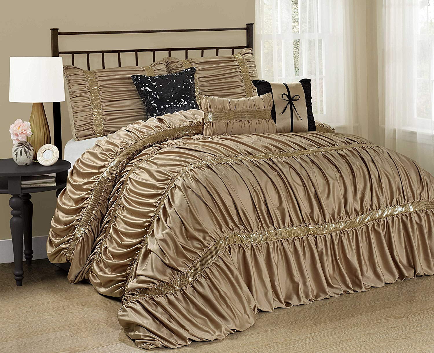 Deluxe Silky Gold Jacquard 7 pcs Comforter Cal King Queen set or Window Curtain 