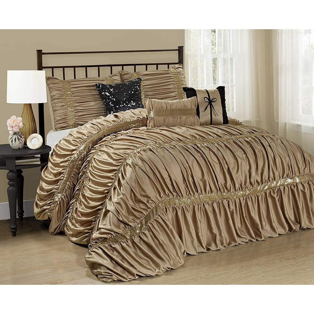 HIG 7 Piece Comforter Set Queen-Gold Damask Satin Ruffles Gold Sequins