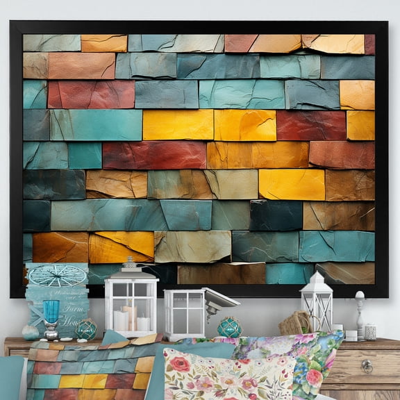 Designart "Earth Element Stones Mosaic in Boho Style II" Geometric Framed Wall Art Decor - Bohemian Gold Boho Mosaic Living Room Framed Canvas Art
