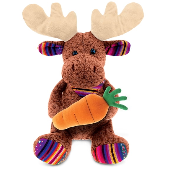 DolliBu Happy Easter Funky Plush Sitting Brown Moose with Carrot Plush - Wild Life Stuffed Animals with Carrot Plush Toy, Perfect Easter Gift, Spring Easter Plush Animal Toy for Kids, Adults - 15 Inch