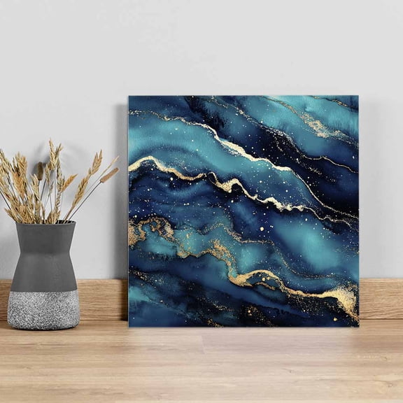 Blue Black Marble Wall Art Painting on Canvas, Modern Golden Abstract Aesthetic Canvas Art Home Prints Wall Art Framed Modern Artwork for Living Room Bedroom Wall Decor 8x8in