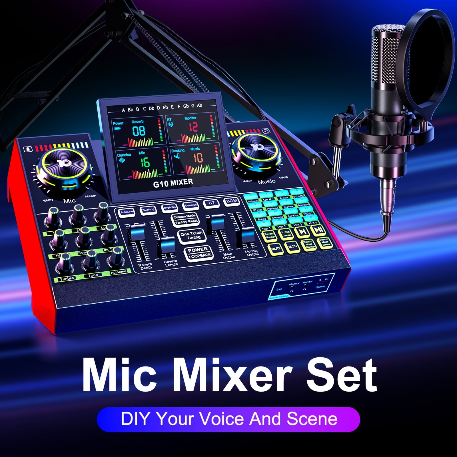 Tenlamp Podcast Kit Audio Interface Wired Microphone Mixer Pro Digital Voice Modulation 13 Channels Black 1 Pack