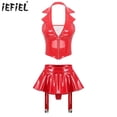 thumbnail image 2 of Conjunto de lencería de charol para mujer, ropa de discoteca con aspecto húmedo, chaleco con cremallera frontal y minifalda con volantes, tangas integradas, Clips de liga, 2 of 5