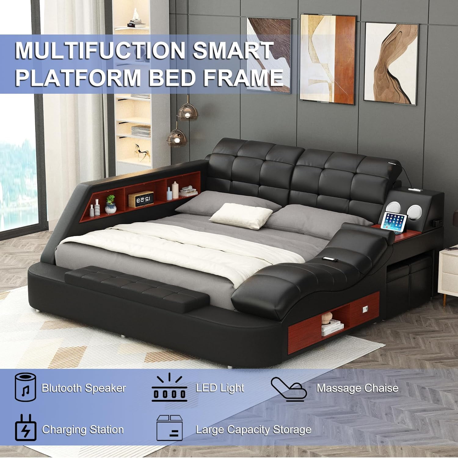 Smart King Bed Frame, Multifunction Upholstered Storage Bed with Right-Side Massage Recliner, Bluetooth Speaker, USB Charging Port, Leather Adjustable Headboard