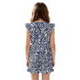thumbnail image 2 of ZIATUBLES Blue Abstract Floral Print Girls Summer Romper Ruffle Cap Sleeves One-Piece Short Jumpsuit Soft Comfort Kids Casual Playsuit with Pockets for 5-6 Y, 2 of 6