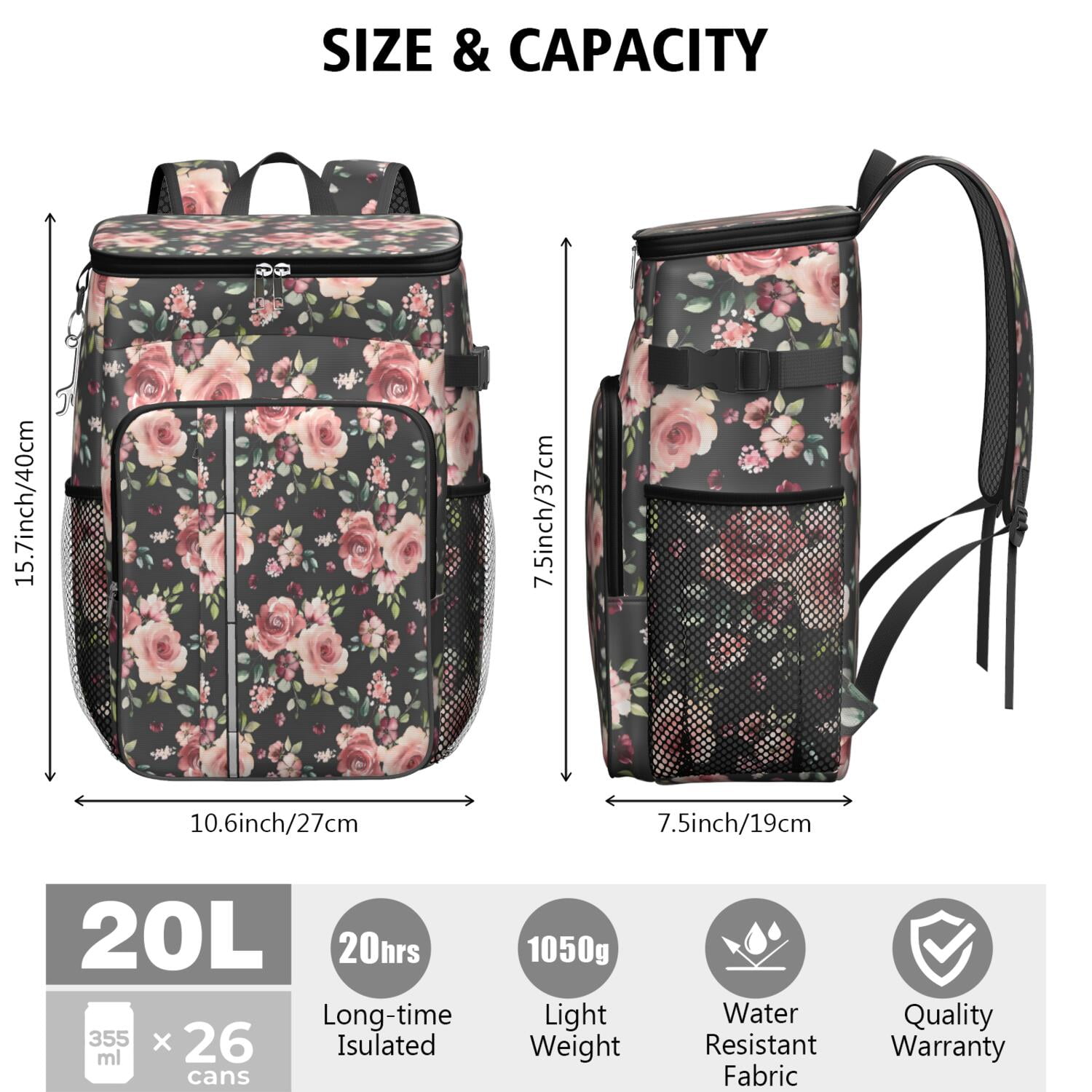 Travel Cooler Bag - Pioneer Flower Floral Print Pattern Camping Beer Cooler Backpack with Bottle Opener- Waterproof Insulated Picnic Backpacks - Cooler Bag for Beach