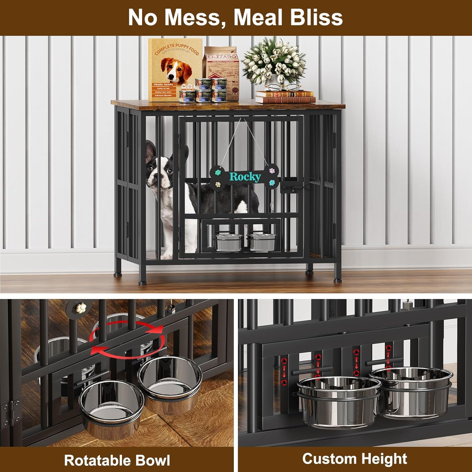 POAO 31" Dog Crate Furniture Foldable for Medium Dogs(20-40 lb), No Assembly Dog Kennel Indoor,Dog Cage with Adjustable Bowls &Name Tag,End Table