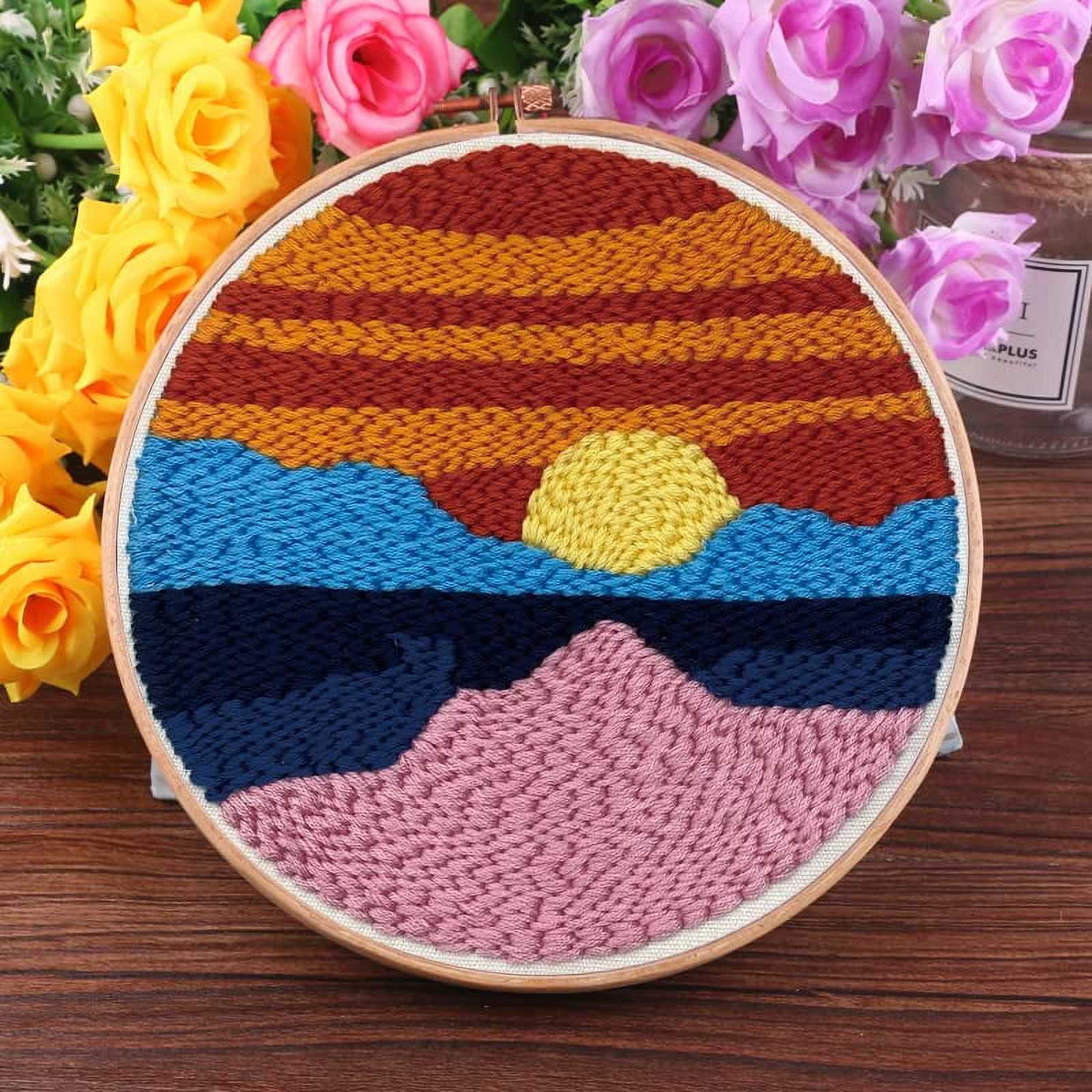 2 Pack Easy Smaller Size DIY Craft Punch Needle Embroidery Kits Rug for Starter Kits with Stamped Color Pattern with Instruction,Yarn and Wood Needle Pen,15cm Hoop (Sunset,Mountains)