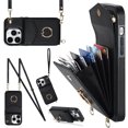 thumbnail image 2 of Wallet Case for iPhone 14 Pro Max, Luxury PU Leather Shoulder Strap Lanyard Crossbody Back Card Slot Bag Magnetic Cover with RFID Blocking Ring Holder Kickstand TPU Shockproof Case, Black, 2 of 10