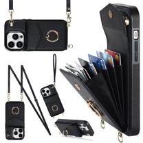Mantto for iPhone 12 Pro / iPhone 12 6.1" Wallet Case with Magnetic RFID Blocking Ring Holder Kickstand Cover, PU Leather Crossbody Shoulder Strap Lanyard Case with Card Slot Kickstand Case,Black