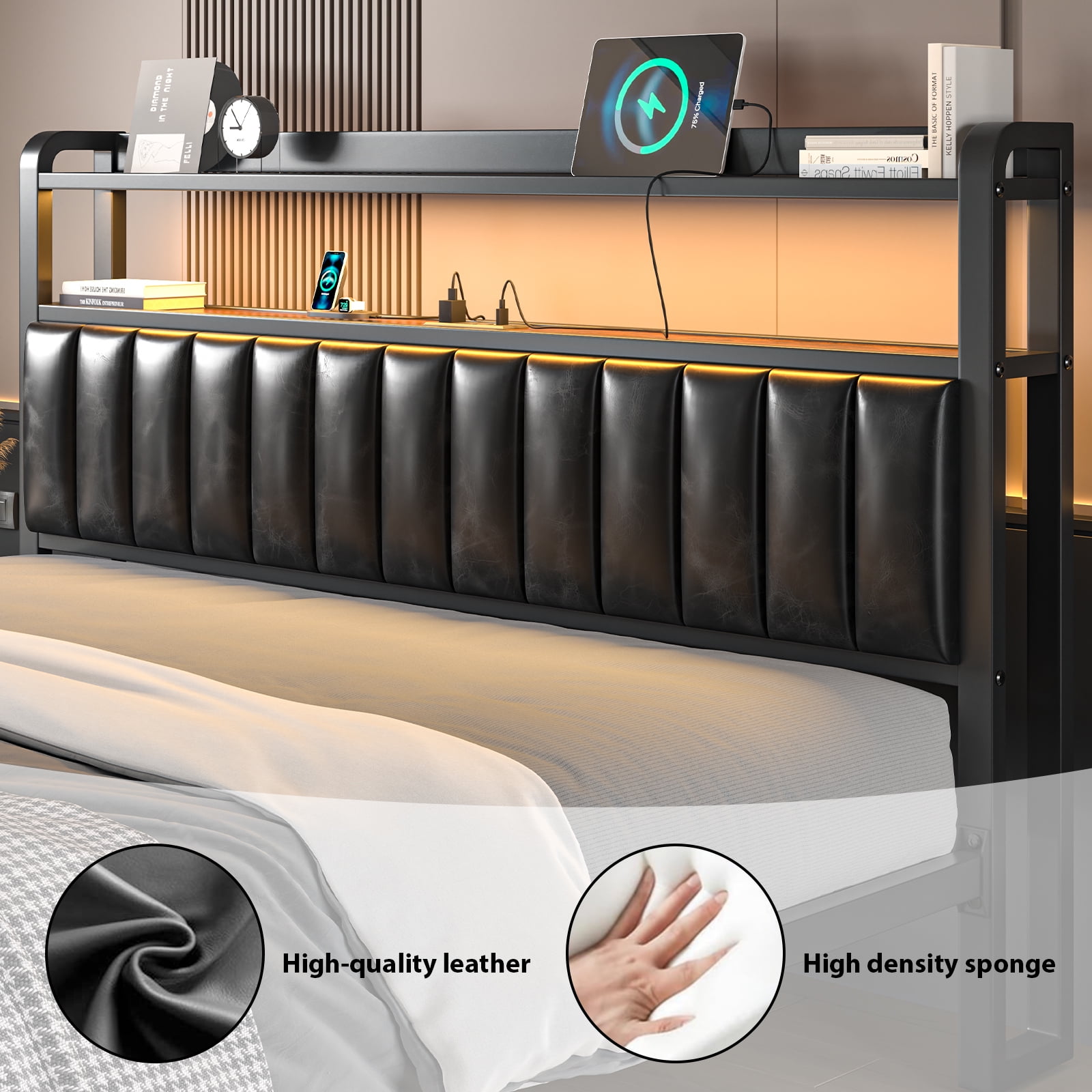 Full Size Bed Frame with Storage Drawer, LED Upholstered Platform Bed with Charging Station, Metal Slats, Black