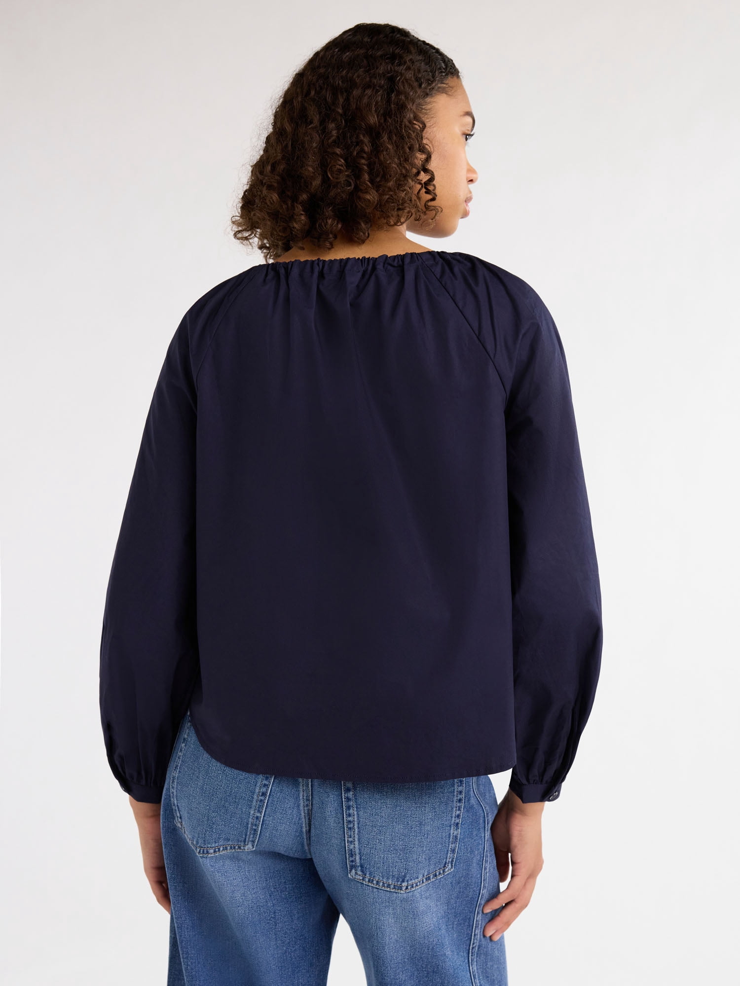 Free Assembly Women's and Women's Plus Gathered Neck Cotton Top with Long Sleeves, XS-4X