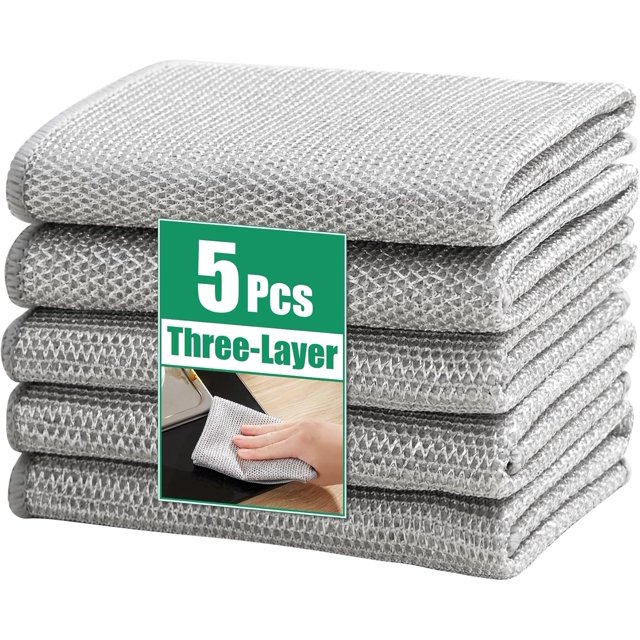 Chiffons de Vaisselle en Fibre Argentée Non Abrasifs, Réutilisables, Tampons à Récurer pour Vaisselle, Verre, Acier Inoxydable - Lot de 5