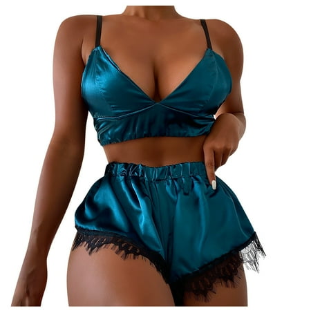 

OVTICZA Womens Lace Two-Piece Sleepwear Pj Set Sexy Cami Crop Top and Shorts Sets Pajamas Set Lounge Nightwear Green S