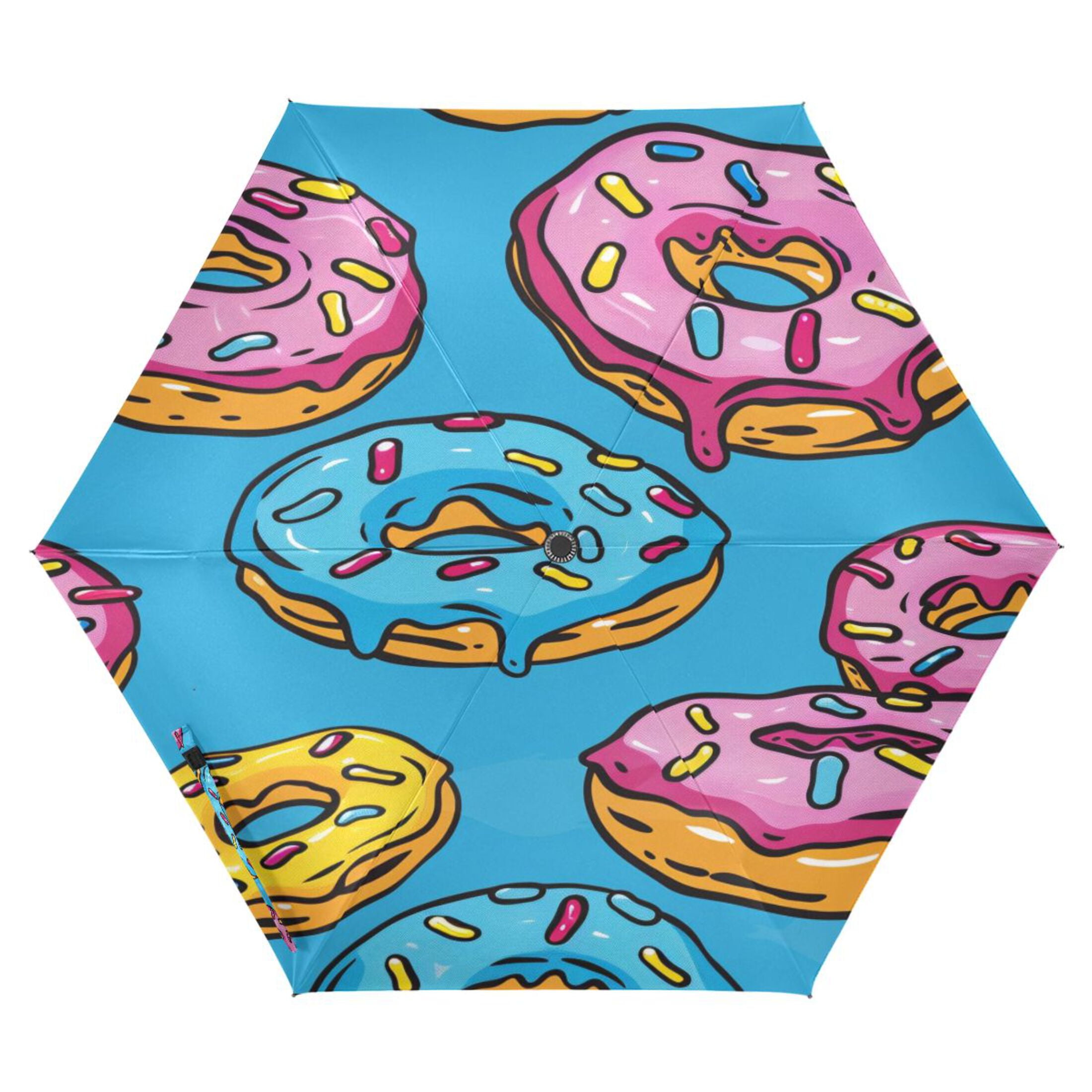 Colorful Donuts Cartoon All Weather Umbrella Triple Folding Parasol 6 Ribs UV Protection Portable