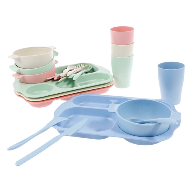 HLONK 24 Pcs Kids Plates and Bowls Sets Stackable Dinnerware Cutlery Set Lightweight Unbreakable Tableware Set Multipurpose Toddler Dinnerware Set for Home School Office Picnic