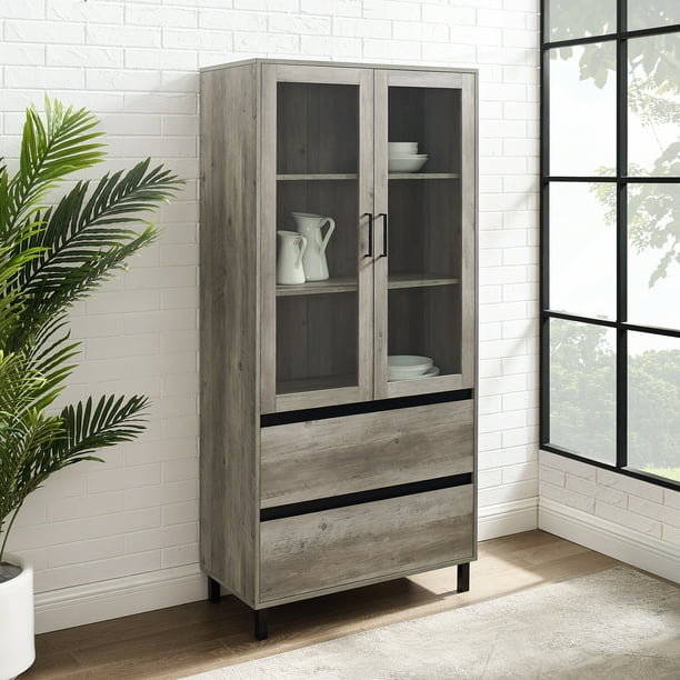 Elaine Mid Century Glass Door Grey Wash Storage with Hutch by