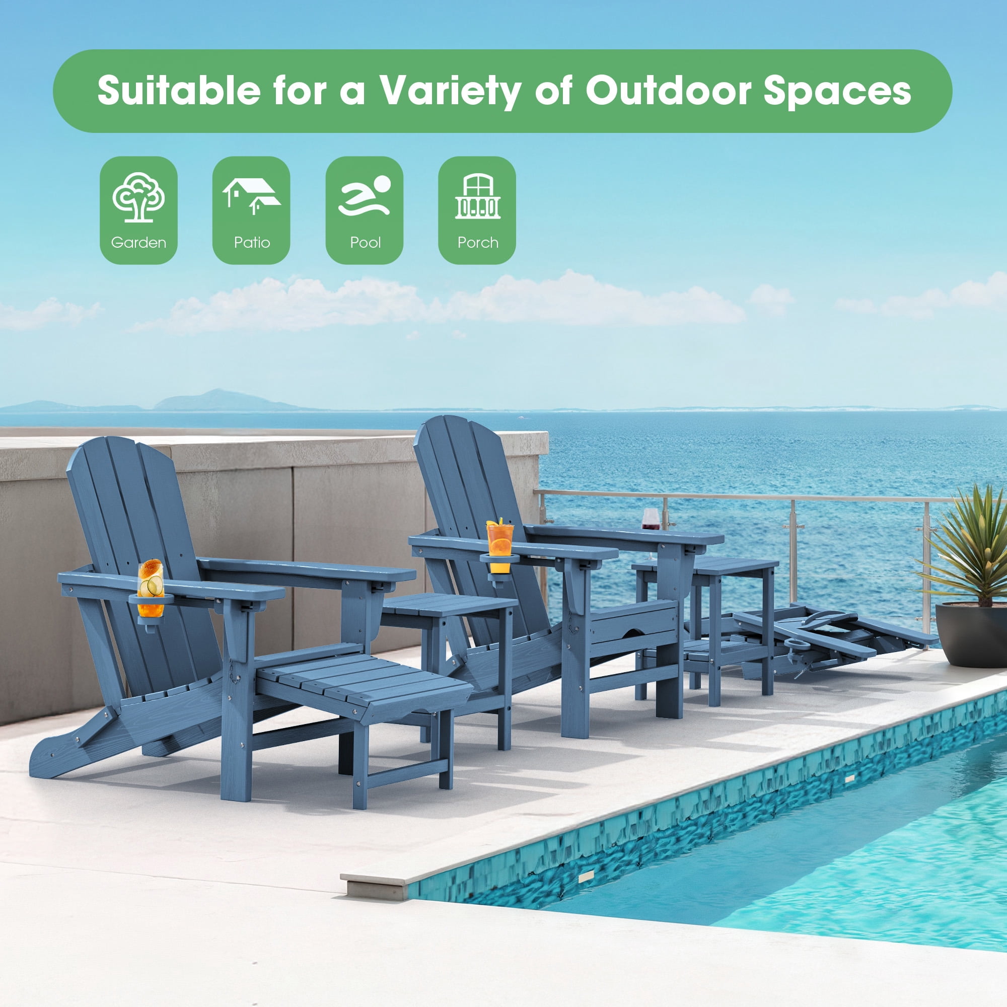 SERWALL Adjustable Folding Adirondack Chair with Footrest & Dual Cup Holders, HDPE Foldable Multifunctional Adirondack Chair with Ottoman for Patio, Outdoor, Garden, Blue